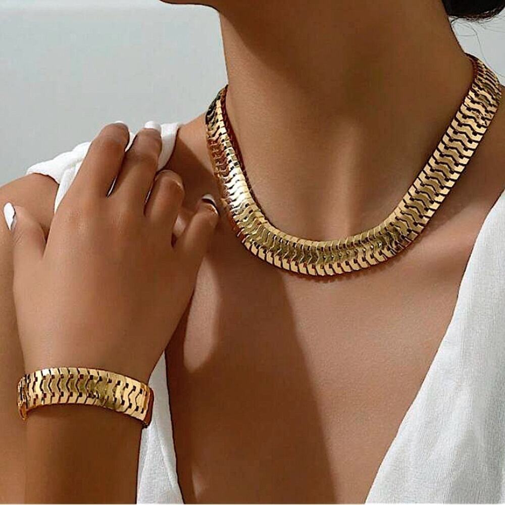 Gold Necklace Bracelet Set, Two Piece Set, Exaggerated